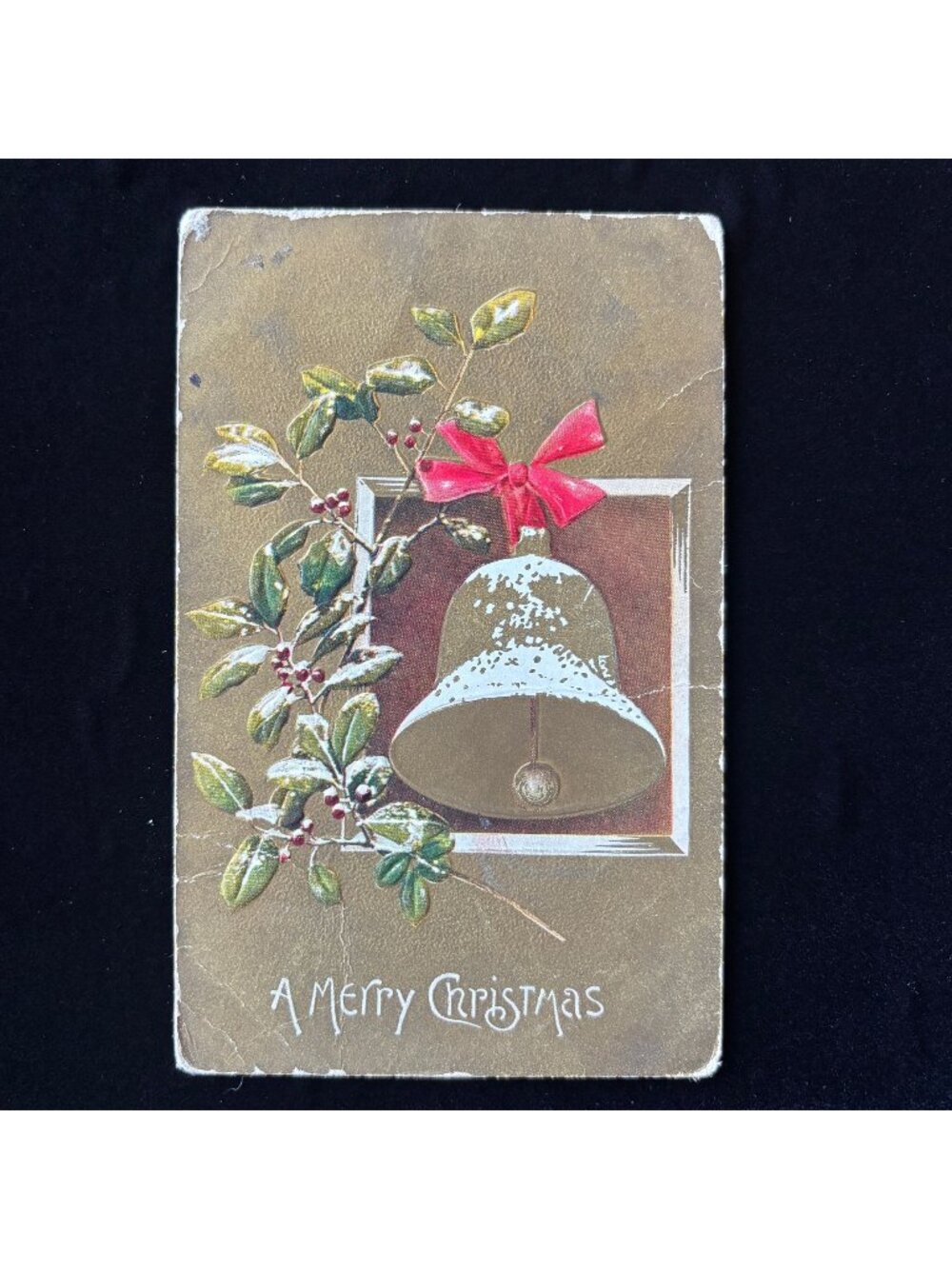Antique Postcard 1911 Christmas Bell Gold Embossed Denmark Wisconsin Jensen